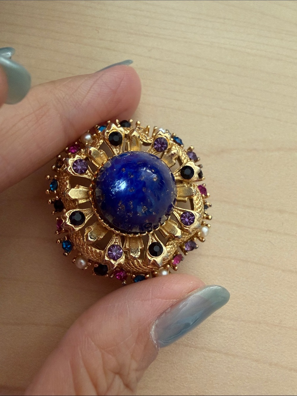 Gold-Tone Brooch with Deep Blue lapis lazuli and Multicolor Accents
